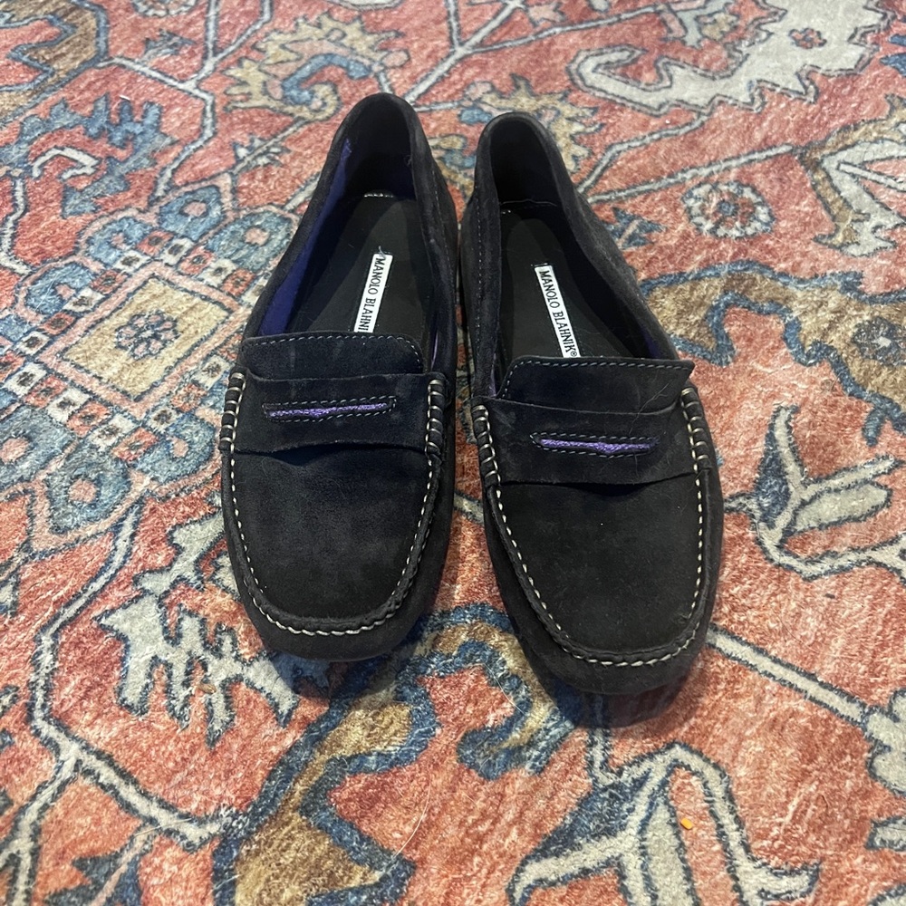 Manolo Blahnik Black Suede Slip-On Loafers